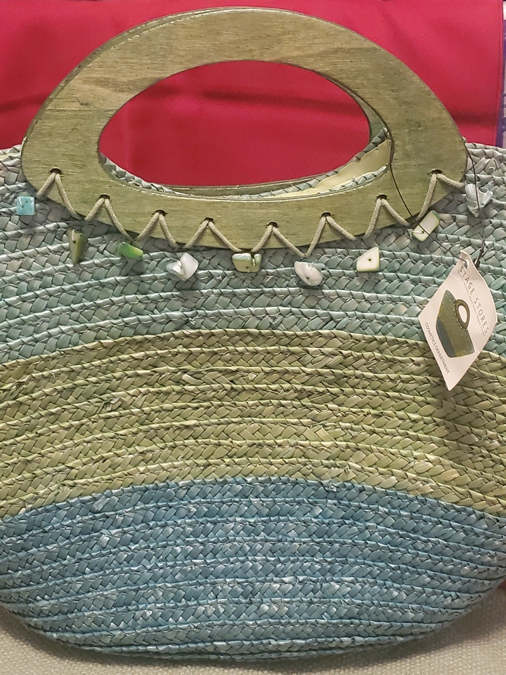 Striped Handwoven Straw Tote in Blue and Green with Wooden Handles